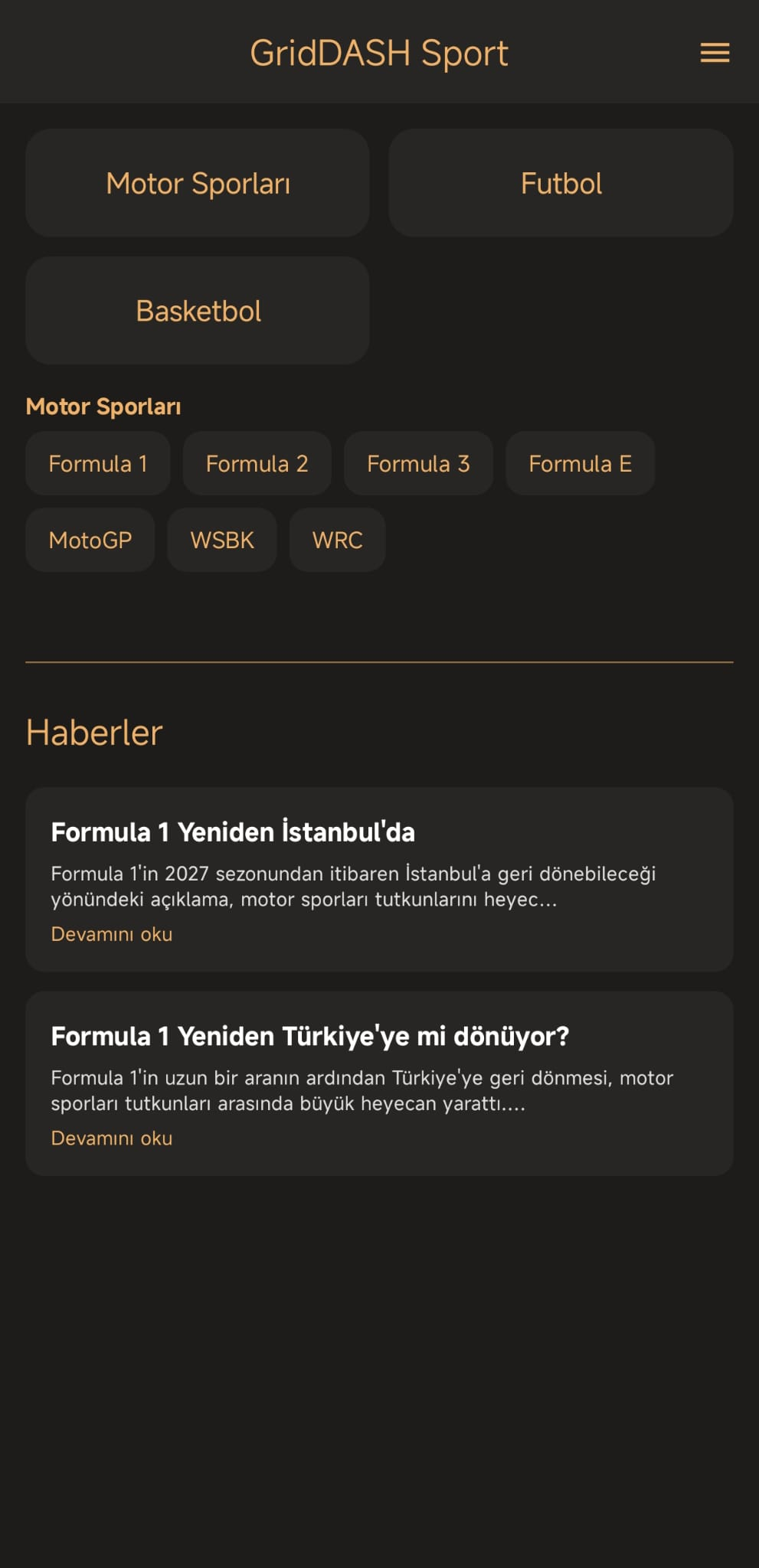 GridDASH Sport mobil uygulama görünümü