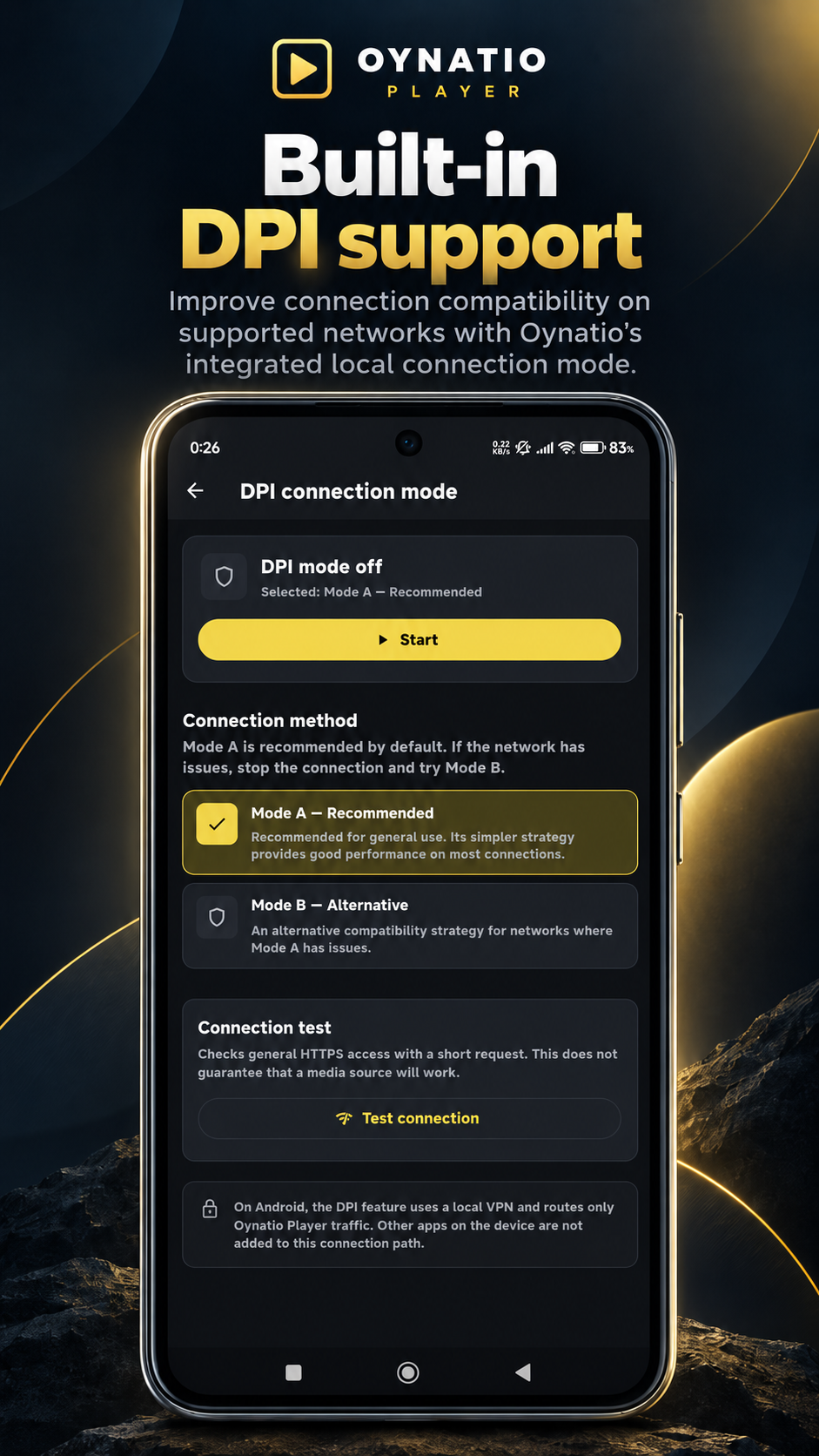 Oynatio Player DPI bağlantı modu ekranı