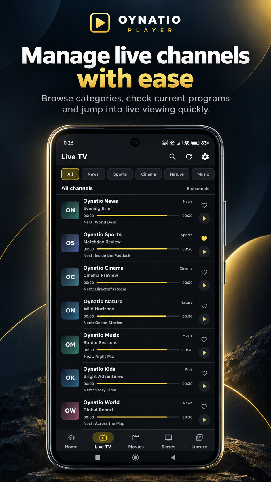 Oynatio Player Canlı TV ekranı